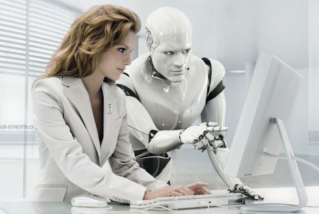 Robot and Businesswoman Using Computer